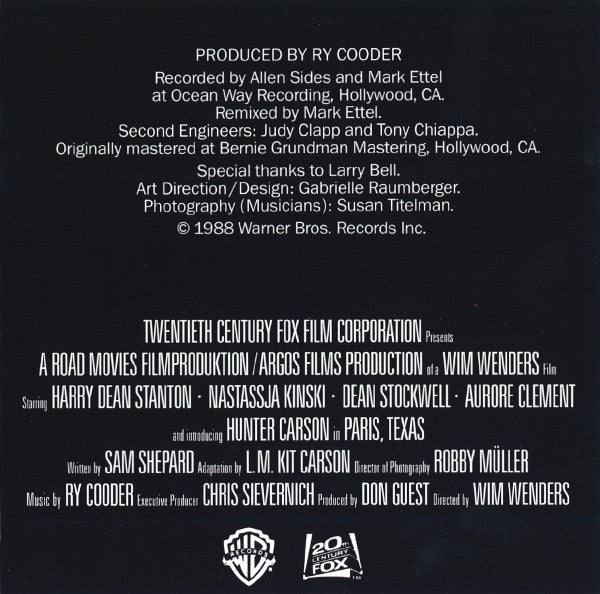 Ry Cooder : Paris, Texas - Original Motion Picture Soundtrack (CD, Album, RE, Cin)