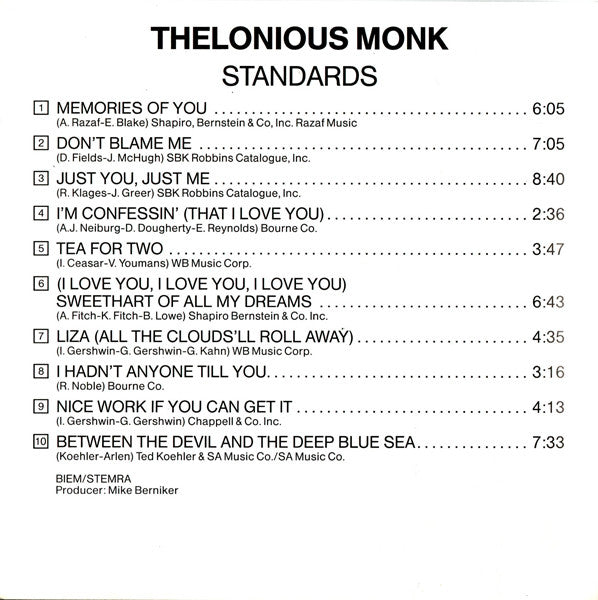 Thelonious Monk : Standards (CD, Comp, RM)