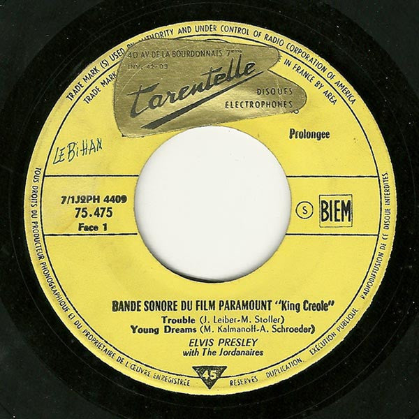 Elvis Presley With The Jordanaires : King Creole (7", EP, RE, Yel)