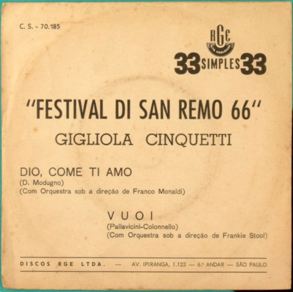 Gigliola Cinquetti : Sanremo '66 - Dio, Come Ti Amo (7")