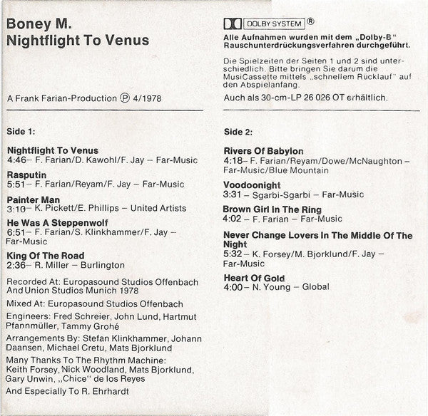 Boney M. : Nightflight To Venus (Cass, Album)