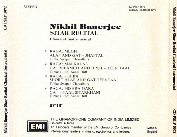 Nikhil Banerjee : Sitar Recital (CD, Comp)