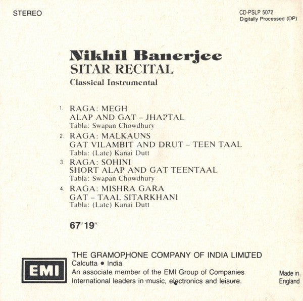 Nikhil Banerjee : Sitar Recital (CD, Comp)