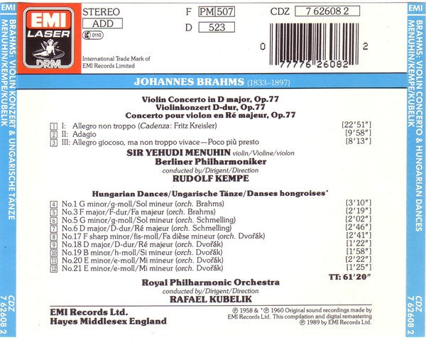 Johannes Brahms / Yehudi Menuhin - Rudolf Kempe - Rafael Kubelik : Violin Concerto - Hungarian Dances (CD, Comp, RM)