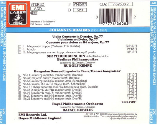 Johannes Brahms / Yehudi Menuhin - Rudolf Kempe - Rafael Kubelik : Violin Concerto - Hungarian Dances (CD, Comp, RM)