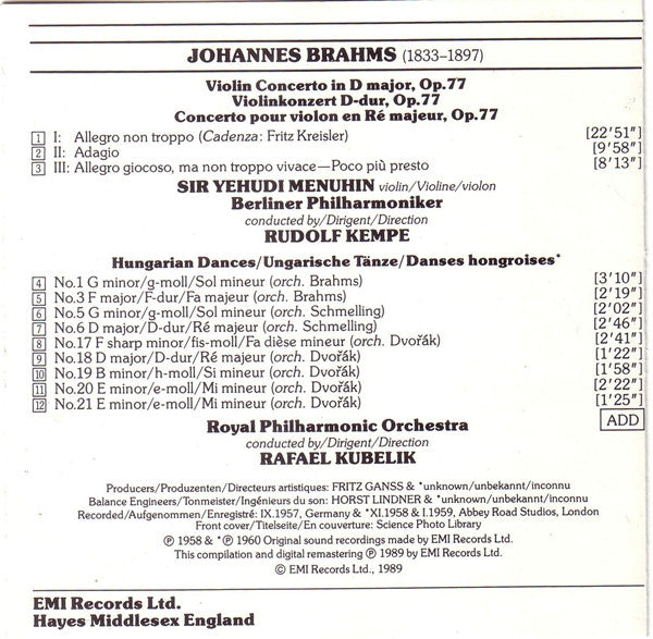 Johannes Brahms / Yehudi Menuhin - Rudolf Kempe - Rafael Kubelik : Violin Concerto - Hungarian Dances (CD, Comp, RM)