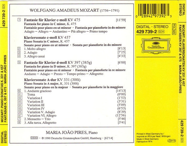Wolfgang Amadeus Mozart, Maria-João Pires : Klaviersonaten = Piano Sonatas K. 331 »Alla Turca« · K. 457; Fantasias K. 397 · K. 475 (CD, Album)