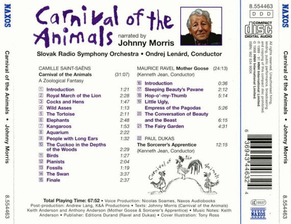 Camille Saint-Saëns - Ravel*, Dukas* Narrated By Johnny Morris (3) : Carnival Of The Animals, Mother Goose, The Sorcerer's Apprentice (CD, Album)