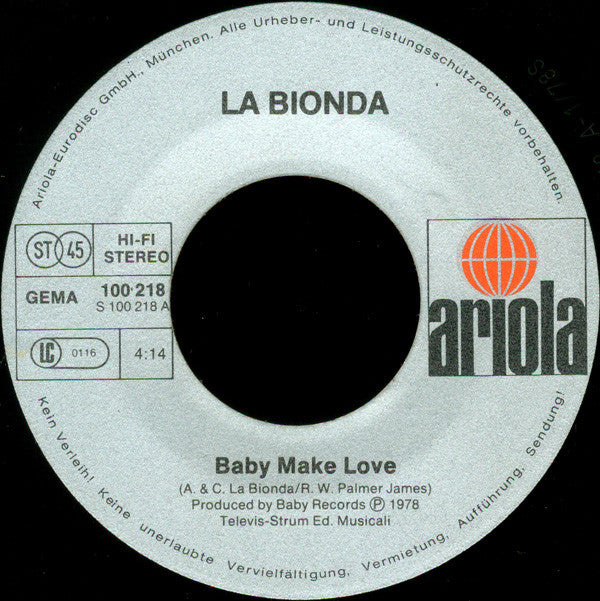 La Bionda : Baby Make Love (7", Single, Son)