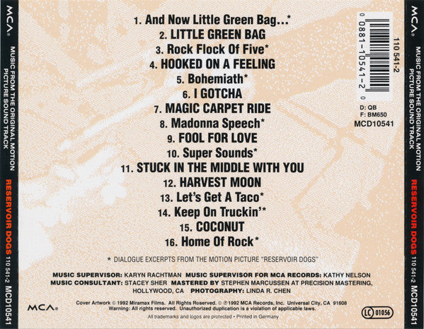 Various : Reservoir Dogs (Music From The Original Motion Picture Sound Track) (CD, Comp, RE, UML)