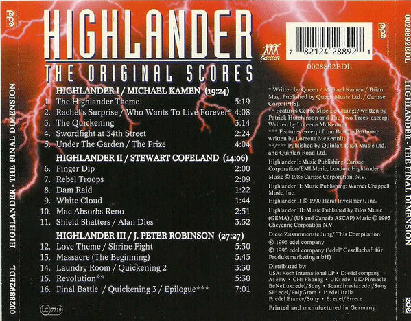 Michael Kamen, Stewart Copeland, Peter Robinson : Highlander - The Original Scores (CD, Album, Comp)