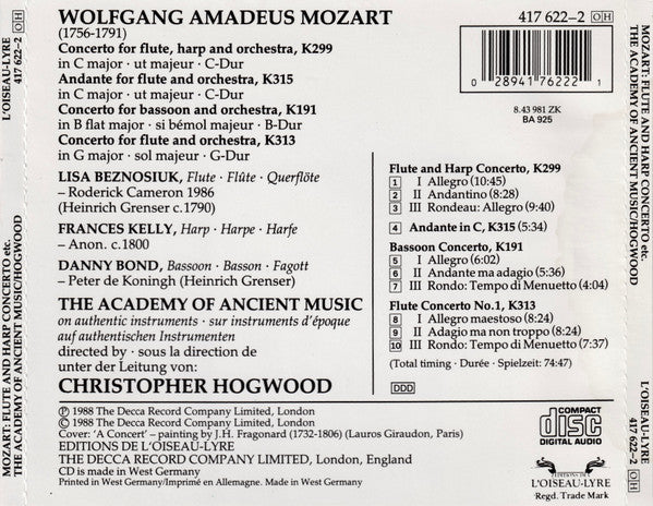 Wolfgang Amadeus Mozart • Lisa Beznosiuk • Frances Kelly • Danny Bond (2) • The Academy Of Ancient Music • Christopher Hogwood : Flute And Harp Concerto • Flute Concerto No. 1 • Andante In C • Bassoon Concerto (CD, Album)