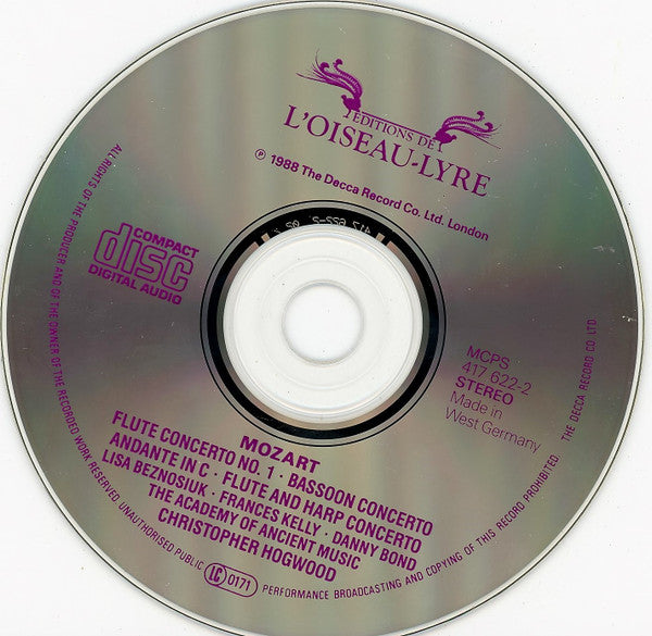 Wolfgang Amadeus Mozart • Lisa Beznosiuk • Frances Kelly • Danny Bond (2) • The Academy Of Ancient Music • Christopher Hogwood : Flute And Harp Concerto • Flute Concerto No. 1 • Andante In C • Bassoon Concerto (CD, Album)