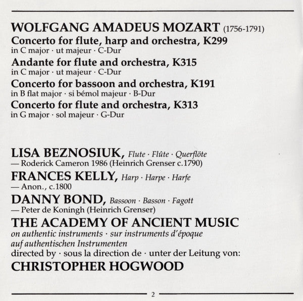 Wolfgang Amadeus Mozart • Lisa Beznosiuk • Frances Kelly • Danny Bond (2) • The Academy Of Ancient Music • Christopher Hogwood : Flute And Harp Concerto • Flute Concerto No. 1 • Andante In C • Bassoon Concerto (CD, Album)