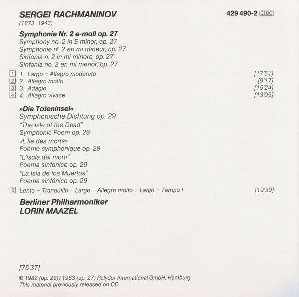 Sergei Vasilyevich Rachmaninoff - Berliner Philharmoniker, Lorin Maazel : Symphonie No.2 • Die Toteninsel (CD, Comp, RE)