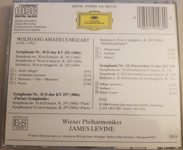 Wolfgang Amadeus Mozart - Wiener Philharmoniker, James Levine (2) : Symphonien Nr. 30 • 31 "Pariser" • 32 (CD, Album)
