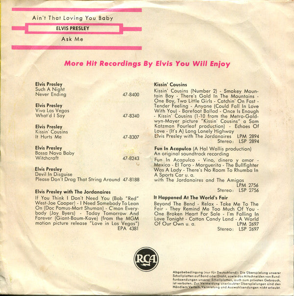 Elvis Presley : Ain't That Loving You Baby (7", Single)