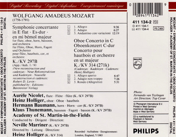 Wolfgang Amadeus Mozart – Aurèle Nicolet, Heinz Holliger, Hermann Baumann, Klaus Thunemann, The Academy Of St. Martin-in-the-Fields, Sir Neville Marriner : Symphonie Concertante KV 297 B (New Reconstruction = Neue Rekonstruktion) · Oboe Concerto = Oboenkonzert KV 314 (CD, Album, RE, PDO)