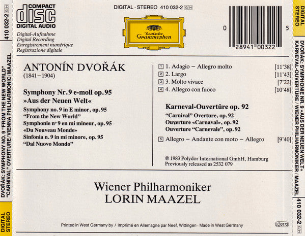 Antonín Dvořák - Wiener Philharmoniker, Lorin Maazel : Symphonie NO.9 »Aus Der Neuen Welt« / Karneval-Ouvertüre (CD, Album, RE, Dig)
