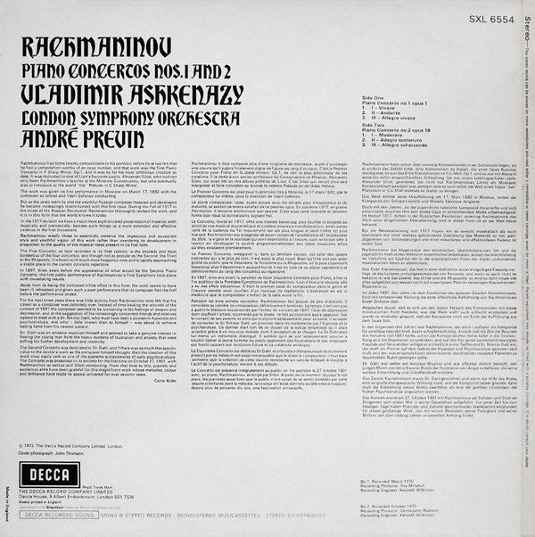 Sergei Vasilyevich Rachmaninoff, Vladimir Ashkenazy, London Symphony Orchestra, André Previn : Piano Concertos Nos. 1 And 2 (LP)