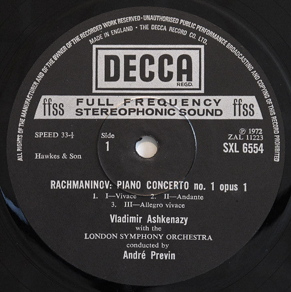 Sergei Vasilyevich Rachmaninoff, Vladimir Ashkenazy, London Symphony Orchestra, André Previn : Piano Concertos Nos. 1 And 2 (LP)