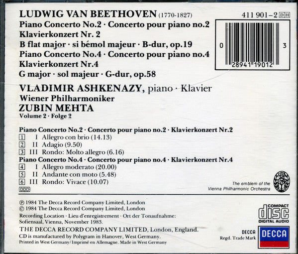 Ludwig van Beethoven / Vladimir Ashkenazy, Wiener Philharmoniker, Zubin Mehta : Piano Concertos Nos. 2 & 4 (CD, Album)