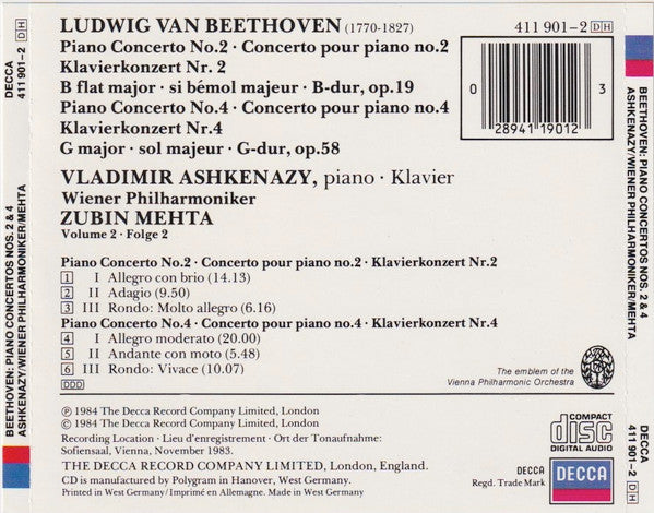 Ludwig van Beethoven / Vladimir Ashkenazy, Wiener Philharmoniker, Zubin Mehta : Piano Concertos Nos. 2 & 4 (CD, Album)