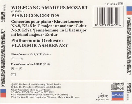 Wolfgang Amadeus Mozart / Vladimir Ashkenazy, Philharmonia Orchestra : Piano Concertos No. 8, K246 & No. 9, K271 (CD, Album)