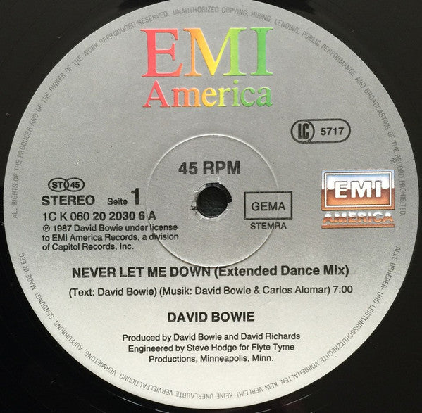 David Bowie : Never Let Me Down (Extended Dance Remix) (12")
