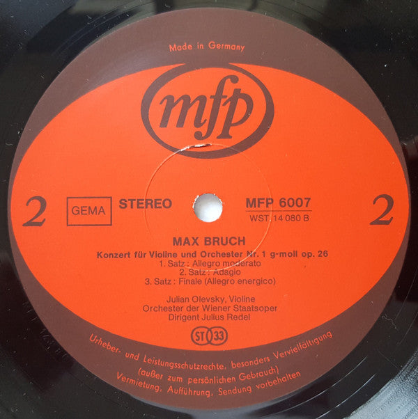 Felix Mendelssohn-Bartholdy, Max Bruch, Julian Olevsky, Orchester Der Wiener Staatsoper Dir: Julius Rudel : Violin Concertos (LP, RE)