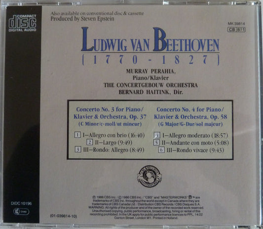 Ludwig van Beethoven - Murray Perahia, Concertgebouworkest, Bernard Haitink : Piano Concertos Nos. 3 & 4 (CD, Album)