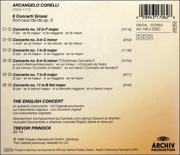 Arcangelo Corelli / The English Concert • Trevor Pinnock : 6 Concerti Grossi Op.6 (CD, Album, RE)