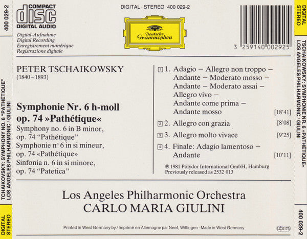 Pyotr Ilyich Tchaikovsky, Los Angeles Philharmonic Orchestra / Carlo Maria Giulini : Symphonie No.6 »Pathétique« (CD, Album)