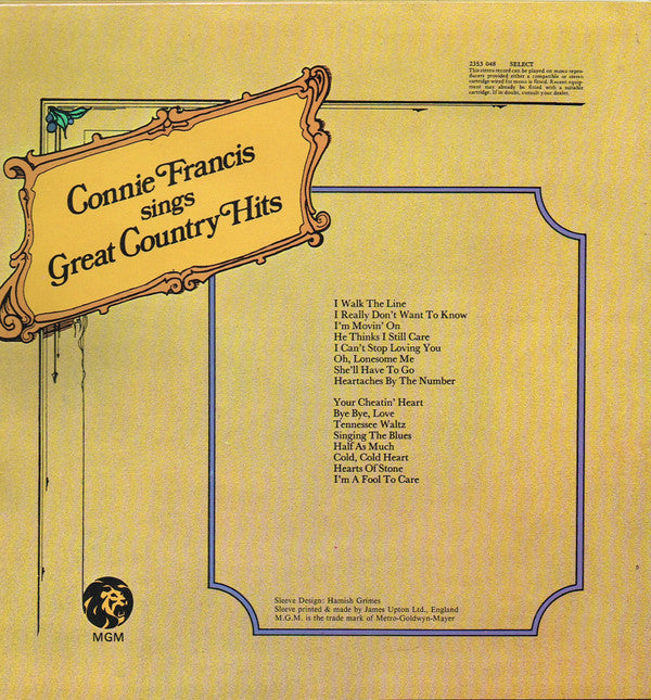 Connie Francis : Connie Francis Sings Great Country Hits (LP, RE)
