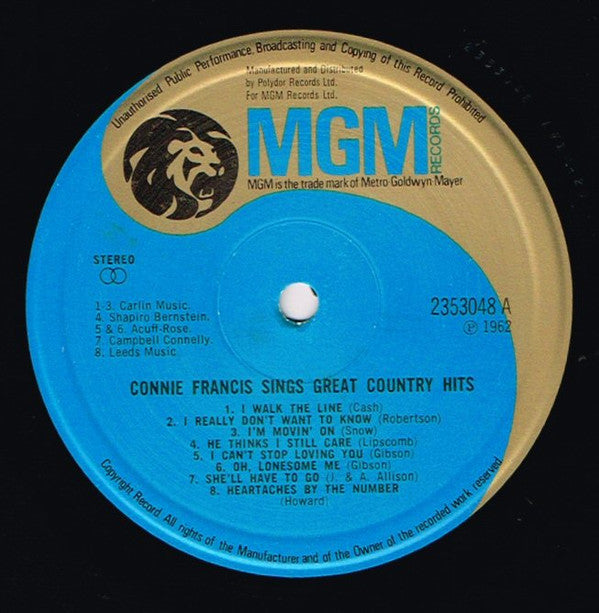 Connie Francis : Connie Francis Sings Great Country Hits (LP, RE)