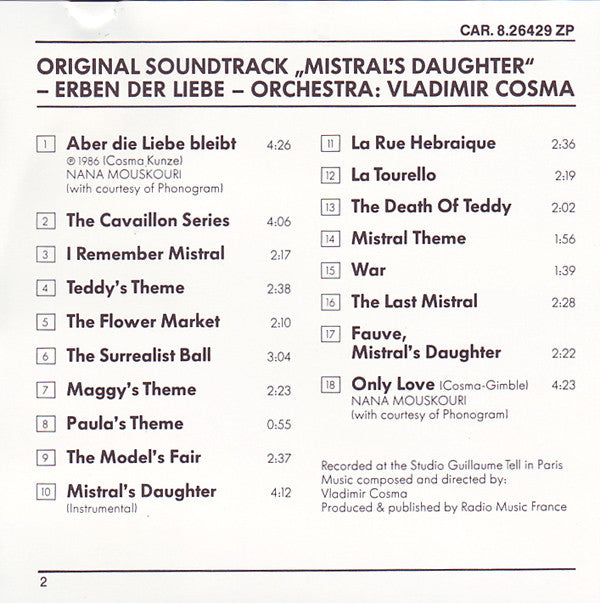 Vladimir Cosma : Mistral's Daughter - Original Soundtrack Aus Der ZDF-Serie: Erben Der Liebe (CD, Album, RE)