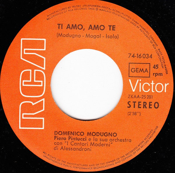 Domenico Modugno : La Lontananza • Ti Amo, Amo Te (7", Single)