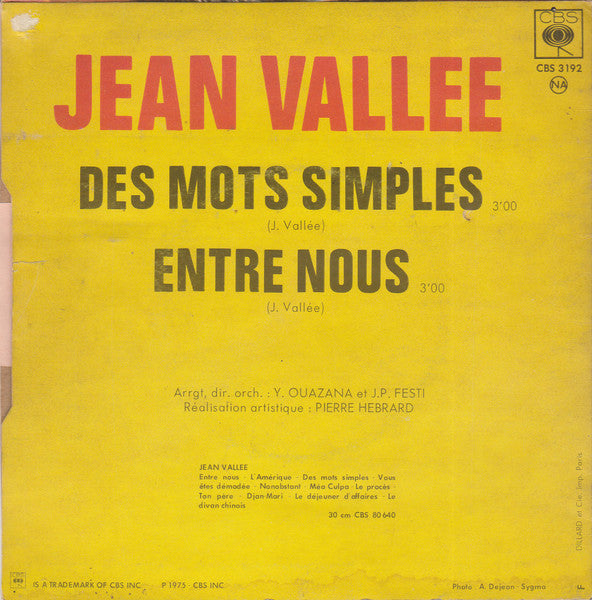 Jean Vallée : Des Mots Simples • Entre Nous (7", Single)