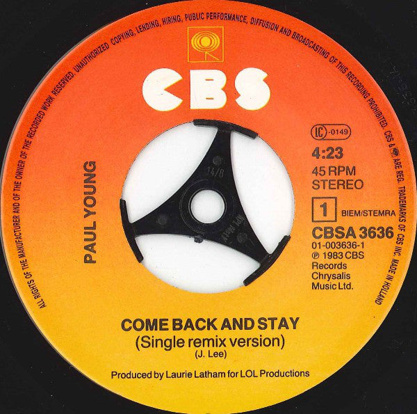 Paul Young : Come Back And Stay (Single Remix Version) (7", Single)