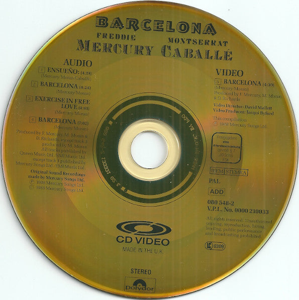 Freddie Mercury & Montserrat Caballé : Barcelona (CDV, 5", Single, PAL)