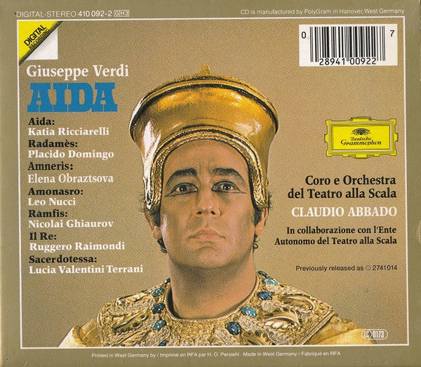 Giuseppe Verdi - Katia Ricciarelli · Placido Domingo · Elena Obraztsova · Leo Nucci · Nicolai Ghiaurov · Ruggero Raimondi · Lucia Valentini Terrani · Coro Del Teatro Alla Scala E Orchestra Del Teatro Alla Scala, Romano Gandolfi, Claudio Abbado : Aida (3xCD, Album, RE, RP + Box)
