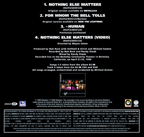 Metallica With Michael Kamen Conducting San Francisco Symphony : Nothing Else Matters (CD, Single, Enh)