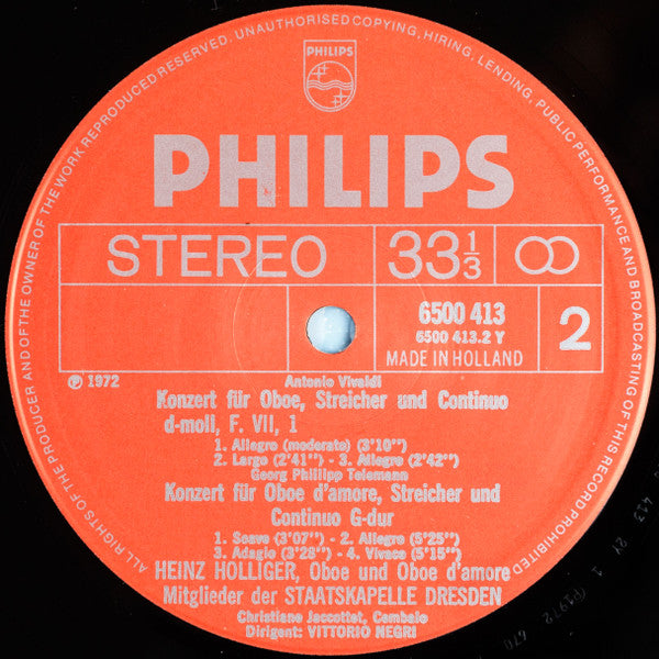 Jean-Marie Leclair / Alessandro Marcello / Antonio Vivaldi / Georg Philipp Telemann - Heinz Holliger, Staatskapelle Dresden, Vittorio Negri : Famous Oboe Concertos (LP)