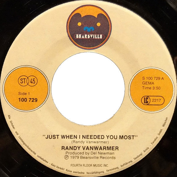 Randy Vanwarmer : Just When I Needed You Most (7", Single)