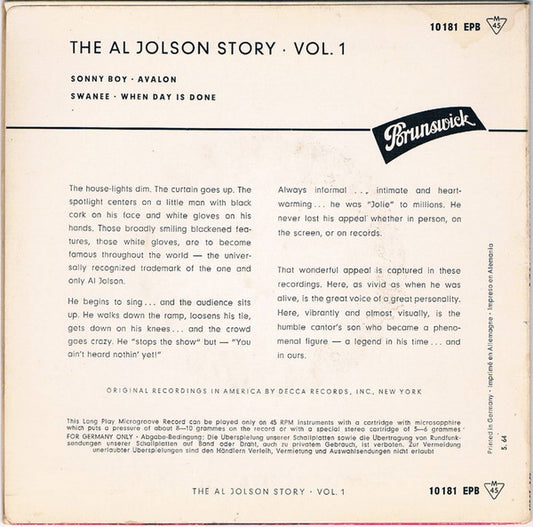 Al Jolson : The Al Jolson Story Vol. 1 (7", Mono)