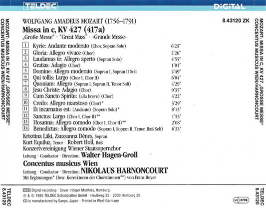Wolfgang Amadeus Mozart, Krisztina Laki, Zsuzsanna Dénes, Kurt Equiluz, Robert Holl, Konzertvereinigung Wiener Staatsopernchor, Concentus Musicus Wien, Nikolaus Harnoncourt : Missa In C, KV 427 "Grosse Messe" (CD, Album, RE, (CT)