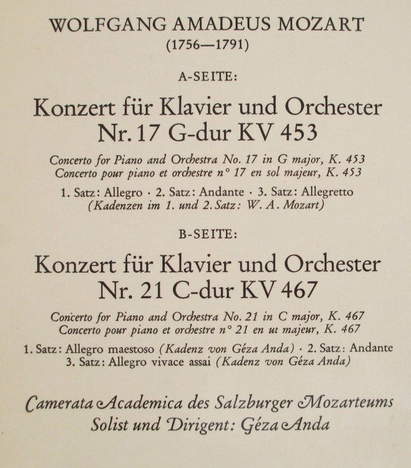 Mozart* - Camerata Academica Des Salzburger Mozarteums*, Géza Anda : Klavierkonzerte G-Dur KV 453 ・C-Dur KV 467 (LP, Album)