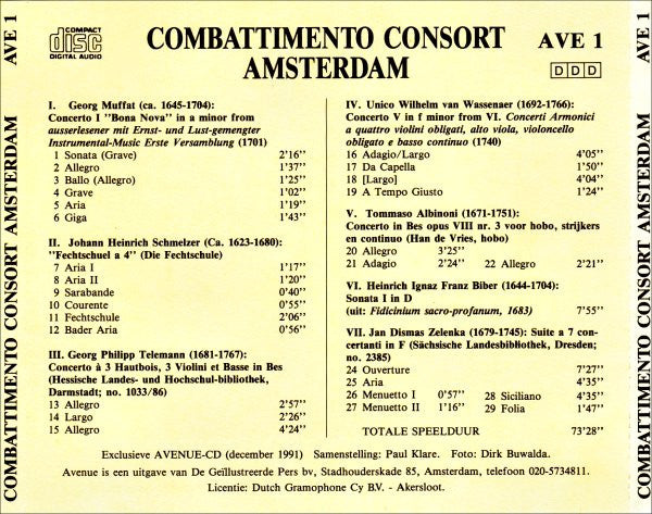 Combattimento Consort Amsterdam • Jan Willem de Vriend • Han de Vries : Barok Van Albinoni, Biber, Muffat, Schmelzer, Telemann, Van Wassenaer Tot Zelenka (CD, Comp)