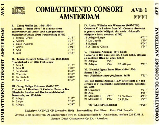 Combattimento Consort Amsterdam • Jan Willem de Vriend • Han de Vries : Barok Van Albinoni, Biber, Muffat, Schmelzer, Telemann, Van Wassenaer Tot Zelenka (CD, Comp)