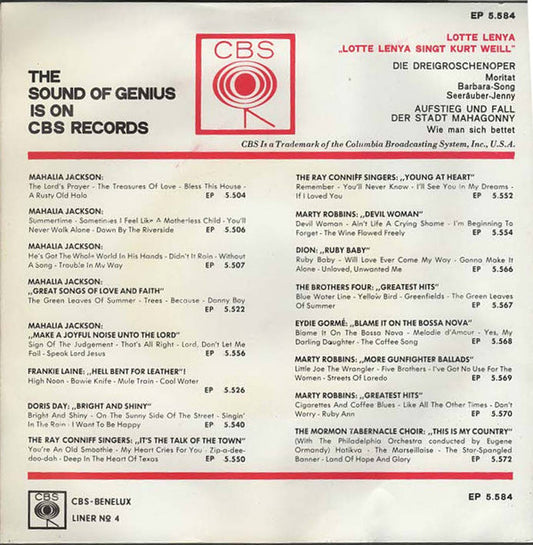 Lotte Lenya Singt Kurt Weill : Lotte Lenya Singt Kurt Weill (7")